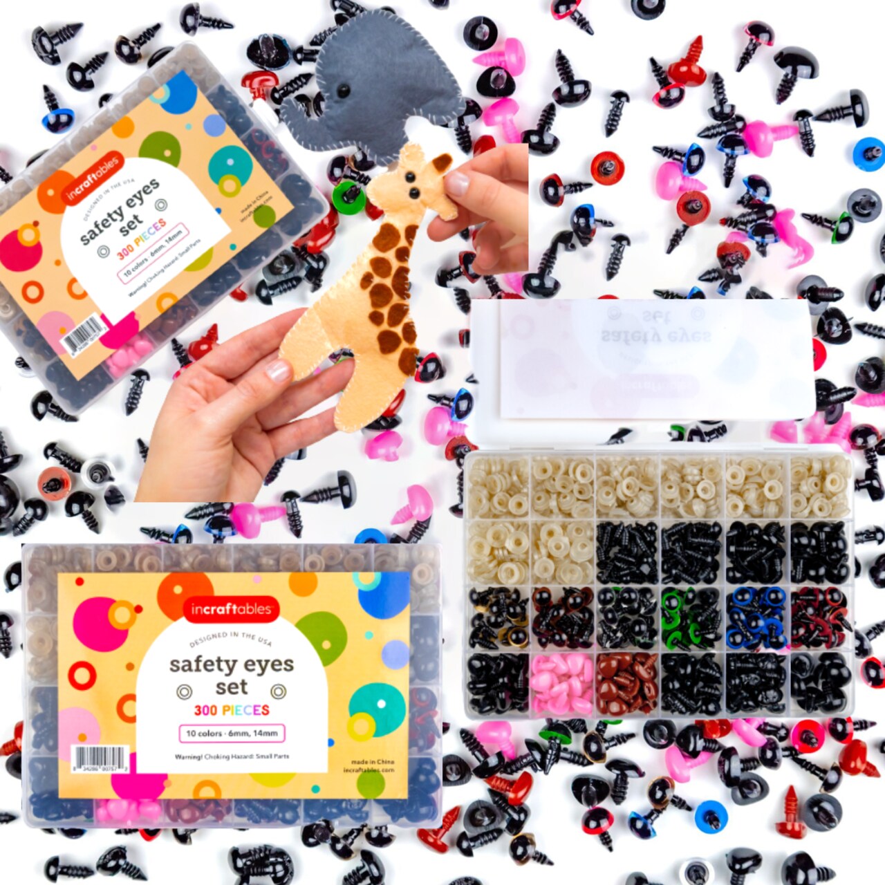 3 PACK - Safety Eyes for Amigurumi (300pcs Set). Plastic Safety Eyes and Noses for Crochet (10 Colors). Assorted Stuffed Animal Eyes for Crochet, Dolls, Teddy Bear, Button, Toy & Crafts (6mm-14mm)